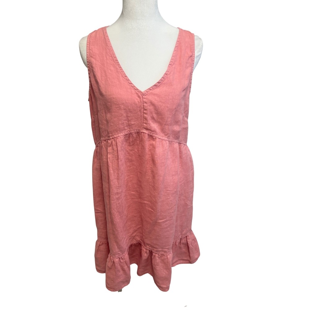 Cynthia Rowley 100% Linen Dress V-Neck Sleeveless Pink Sz M Ruffle Coastal‎ Boho